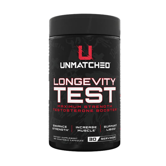 Unmatched Longevity Test bottle demonstrating natural testosterone support for daily vigor.
