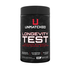 Unmatched Longevity Test bottle demonstrating natural testosterone support for daily vigor.