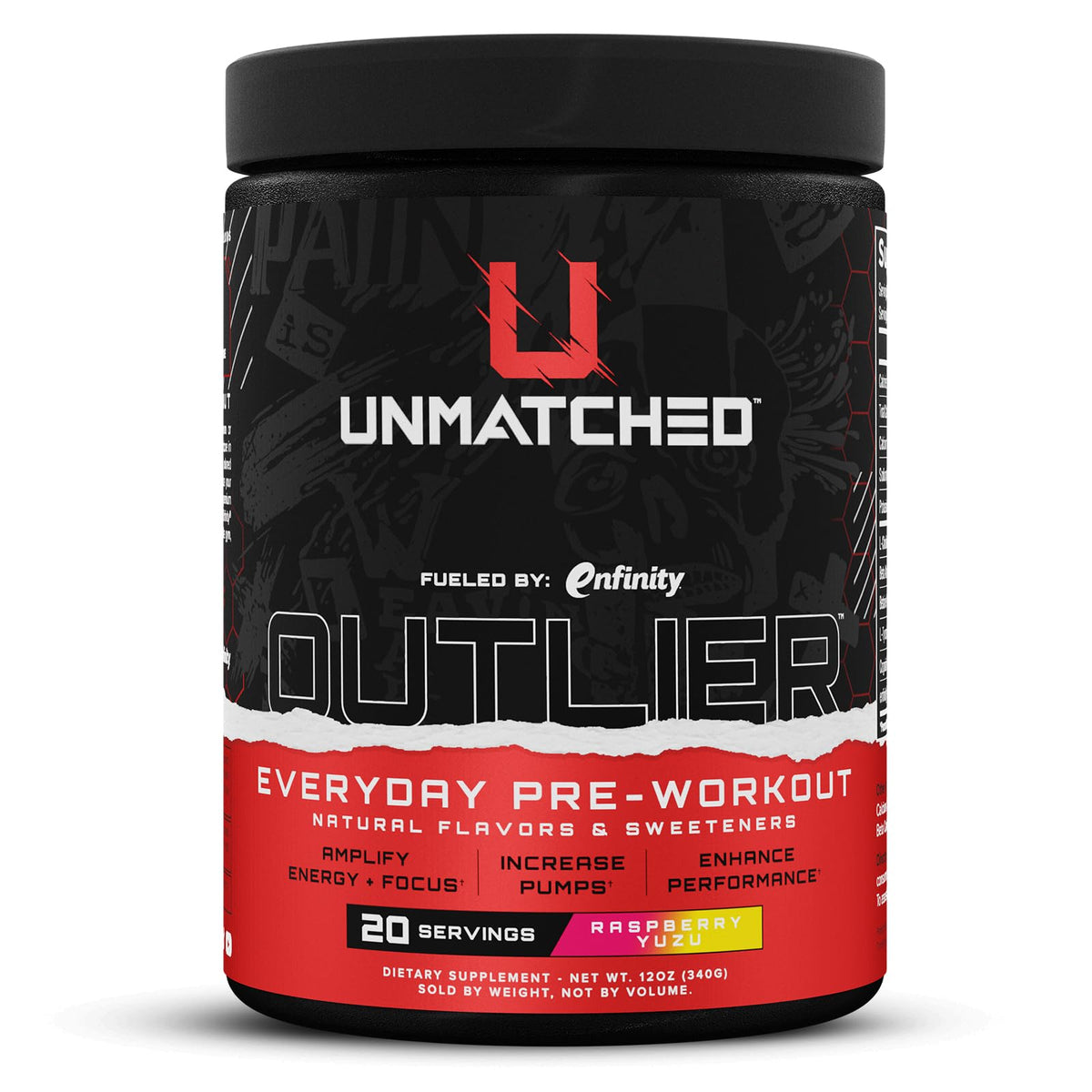 Unmatched Outlier bottle front—daily pre-workout for steady energy.