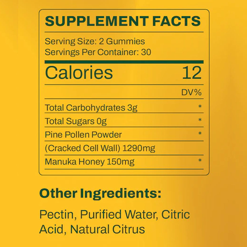 Unmute Primal Source Pine Pollen Gummies close-up showing natural citrus flavor