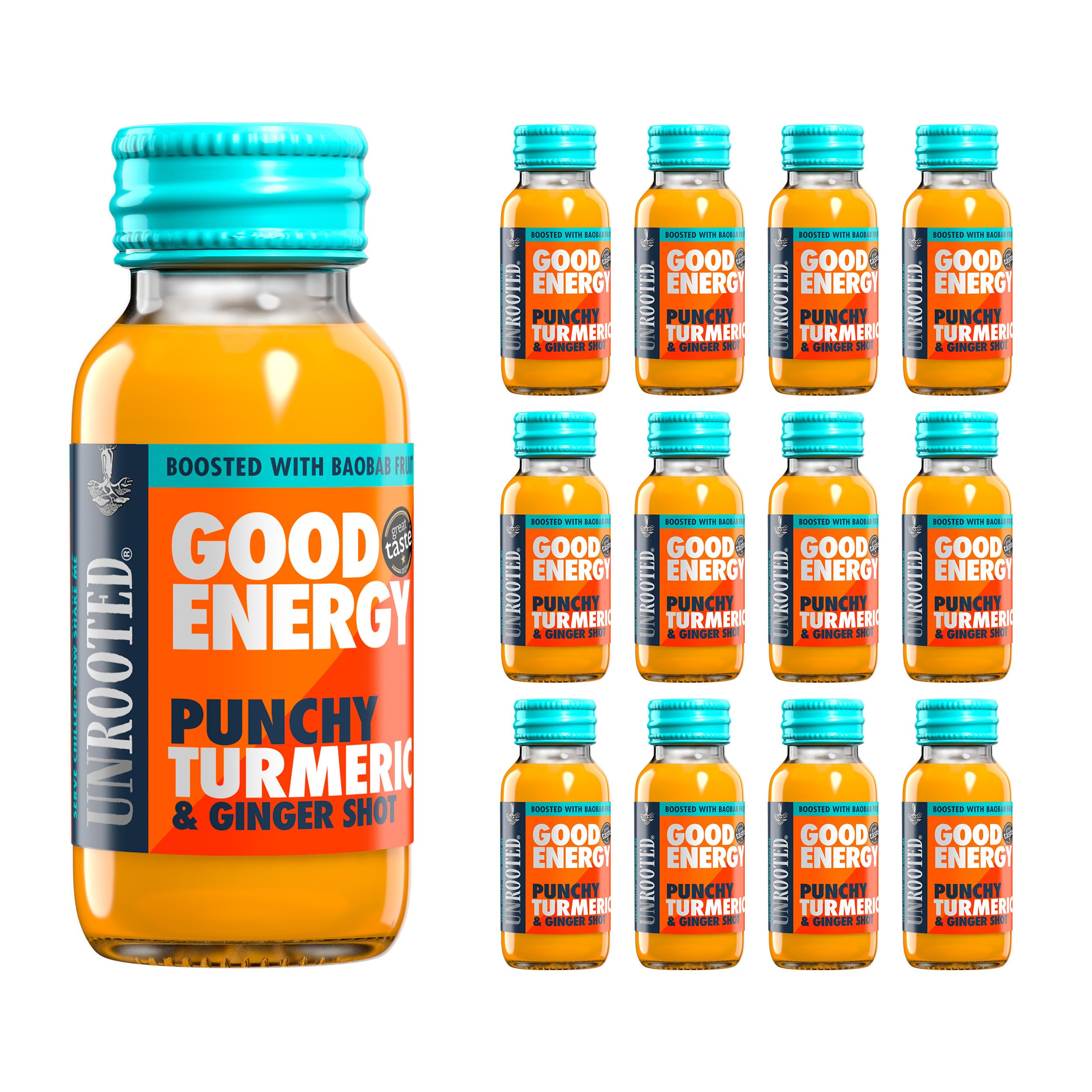 Unrooted Good Energy Shot bottle being poured for a quick energy lift.