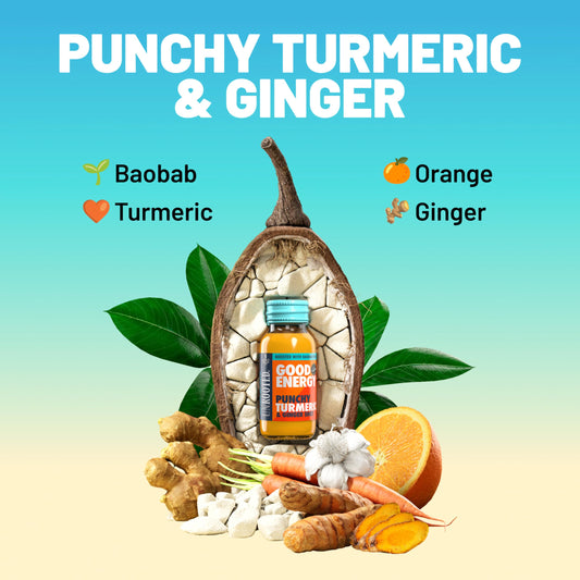 Unrooted Good Energy Shot liquid amber close-up, hints at natural energy for workouts and focus.