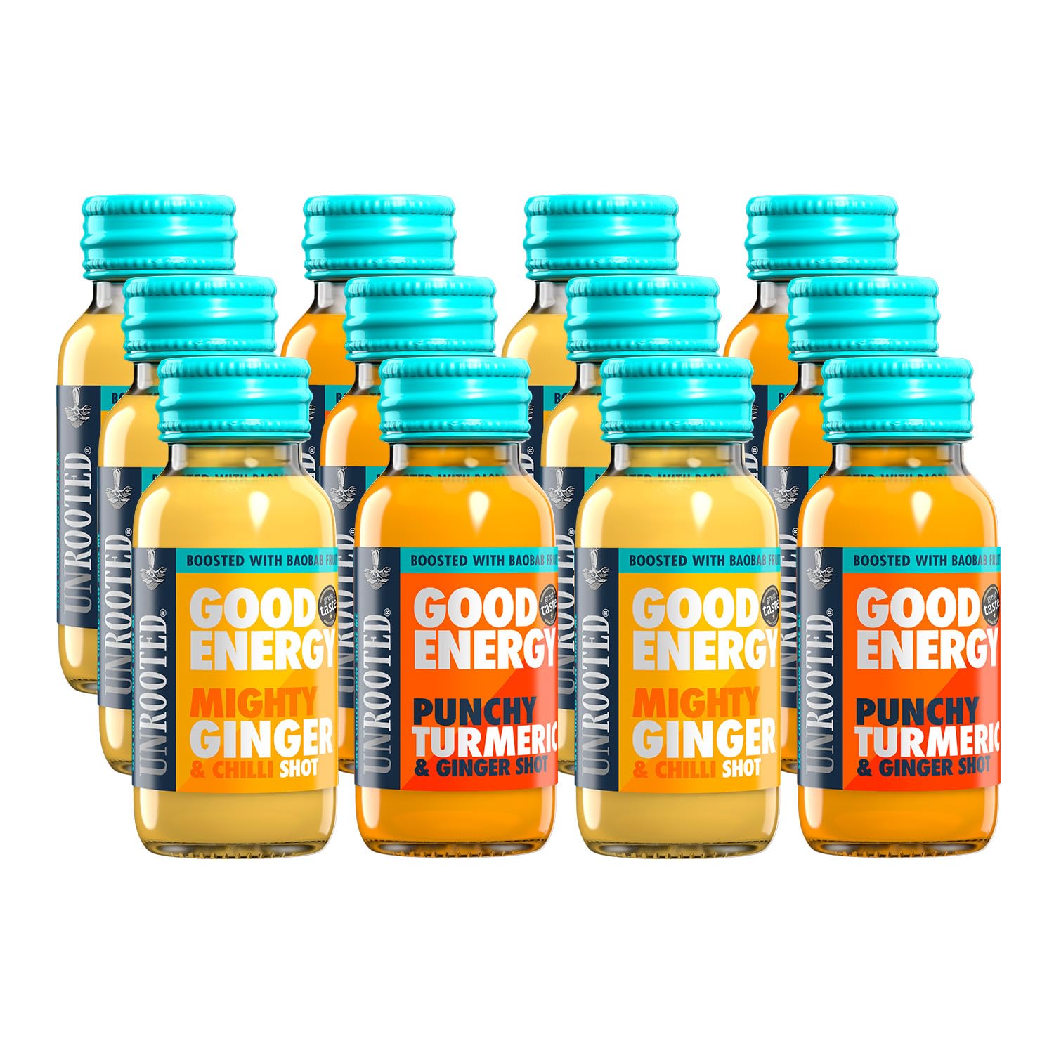 Unrooted Good Energy Shot Mighty Ginger bottle pour for steady energy.