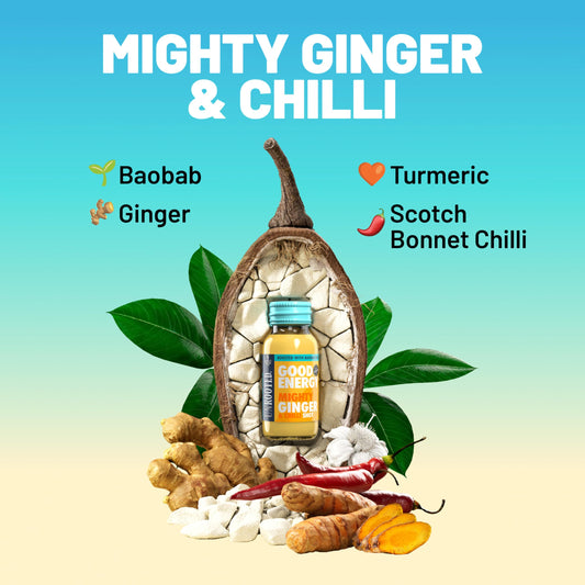 Unrooted Good Energy Shot turmeric powder close-up highlights vibrant color and antioxidants.