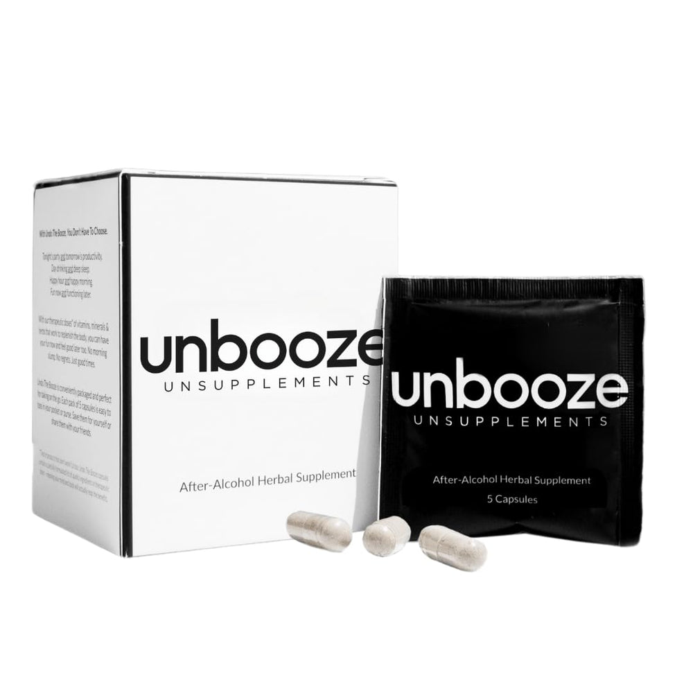 Unsupplements Unbooze bottle front view for post-party recovery support.