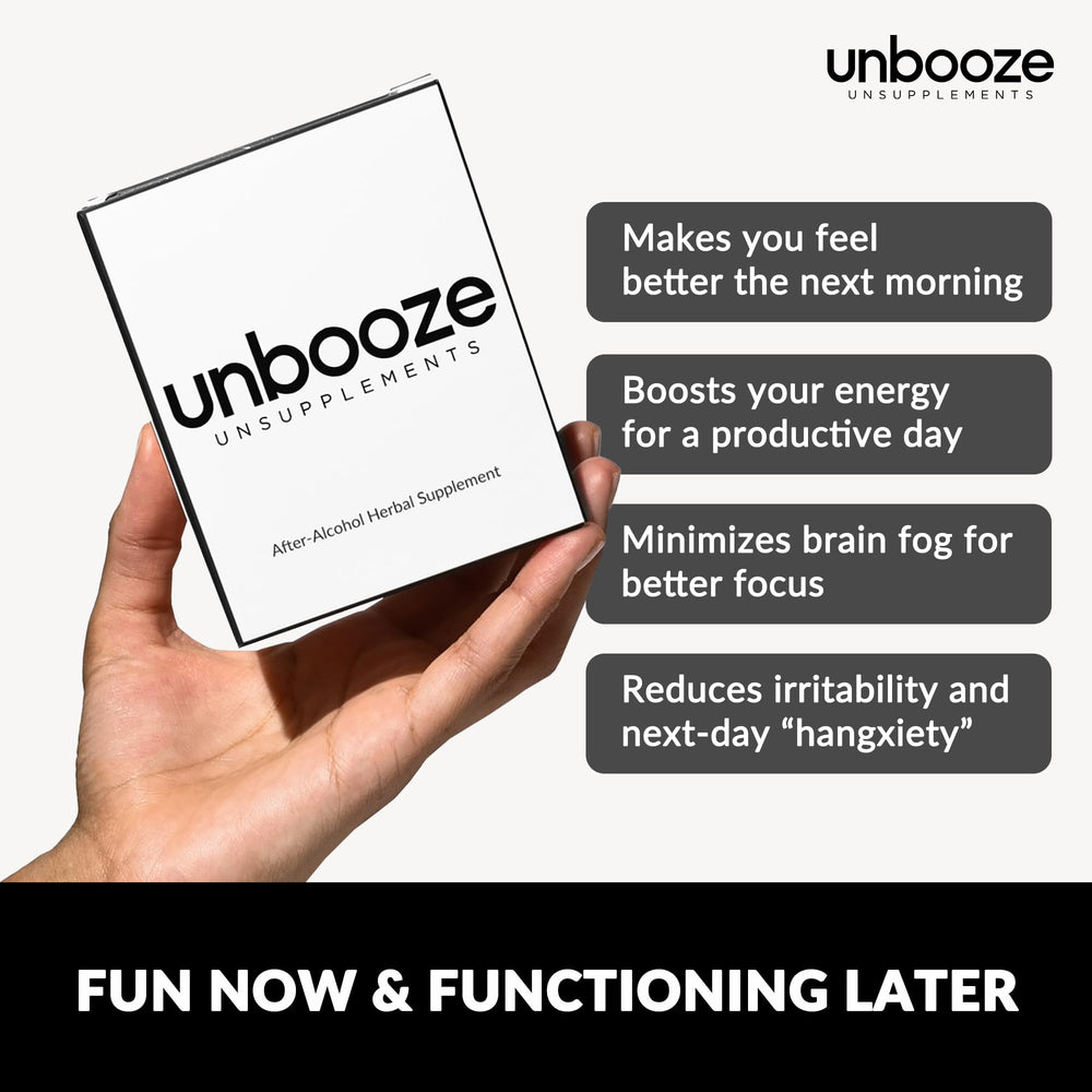 Unsupplements Unbooze capsules closeup showing a vitamin and herb blend.