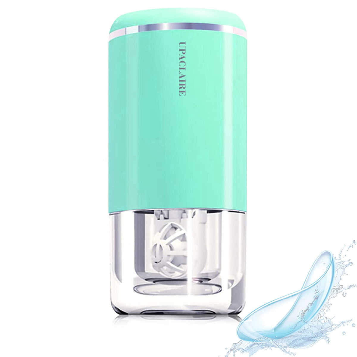 UpaClaire ultrasonic cleaner front green view, compact design for easy bedside storage.