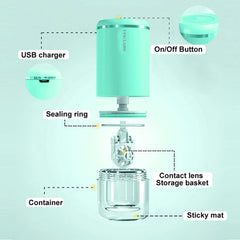 UpaClaire ultrasonic cleaner lid open green, intuitive access for quick lens rinsing.