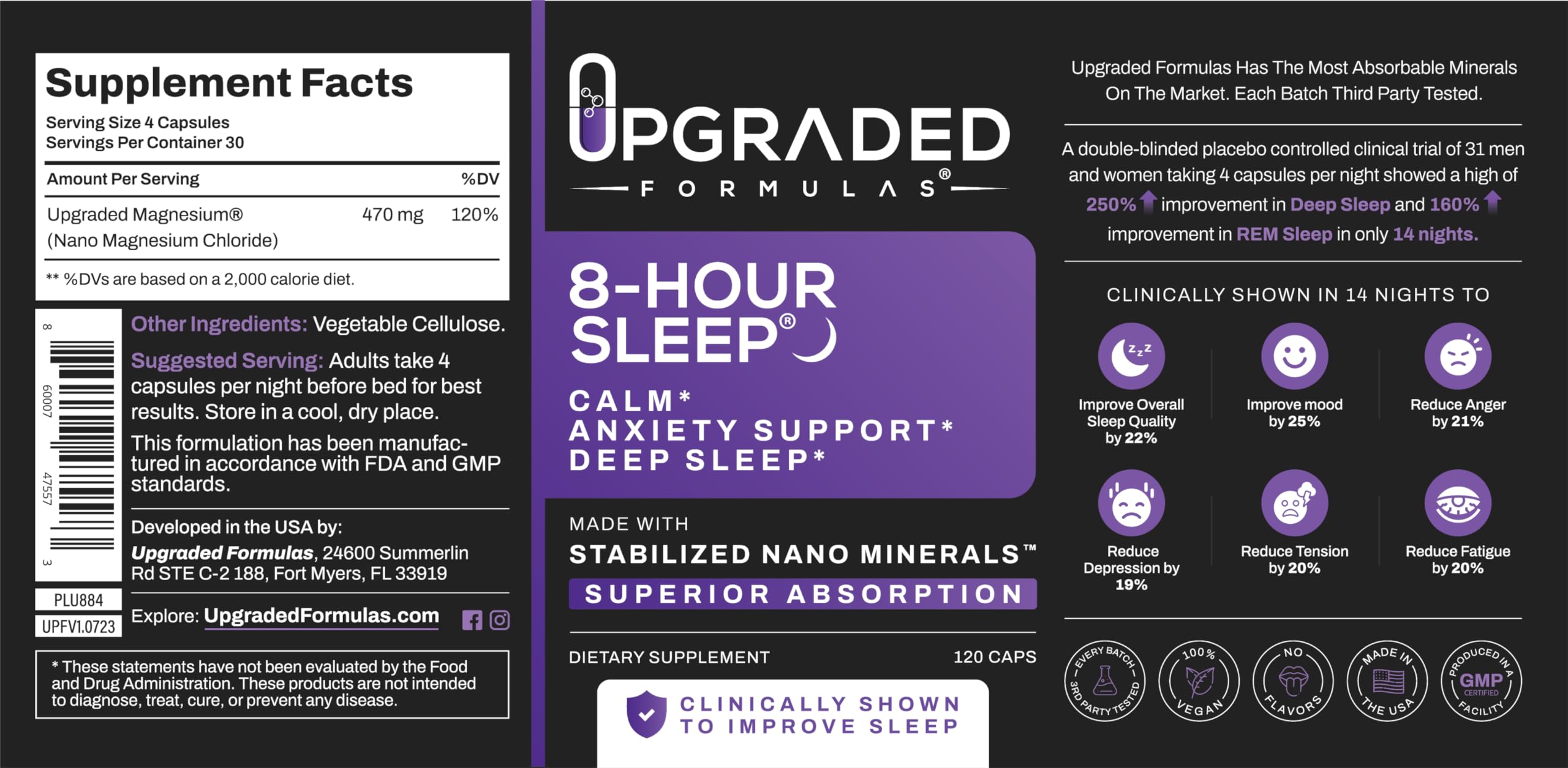 Upgraded Formulas 8-Hour Sleep flatlay with bottle and capsules.