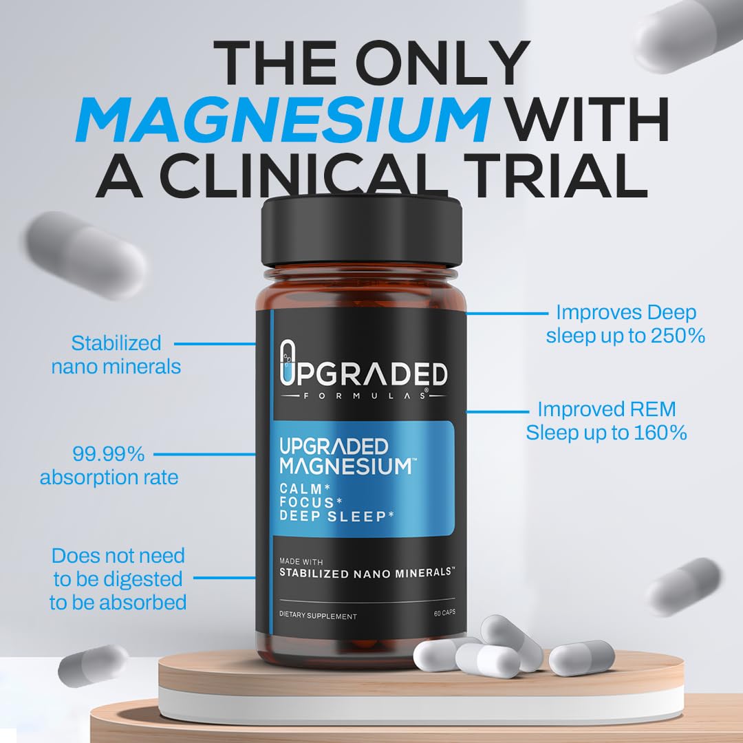 Upgraded Formulas Nano Magnesium capsules close-up for calm and focus.