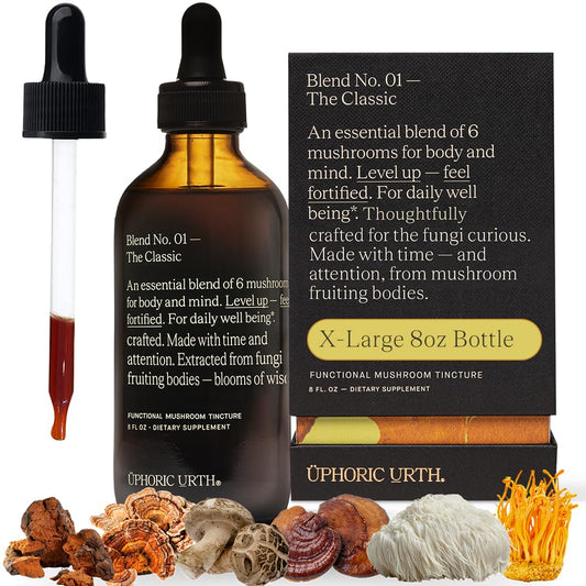 UPHORIC URTH Blend No.1-6 tincture bottle highlighting six-mushroom formula for daily support.