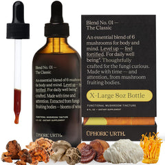UPHORIC URTH Blend No.1-6 tincture bottle highlighting six-mushroom formula for daily support.