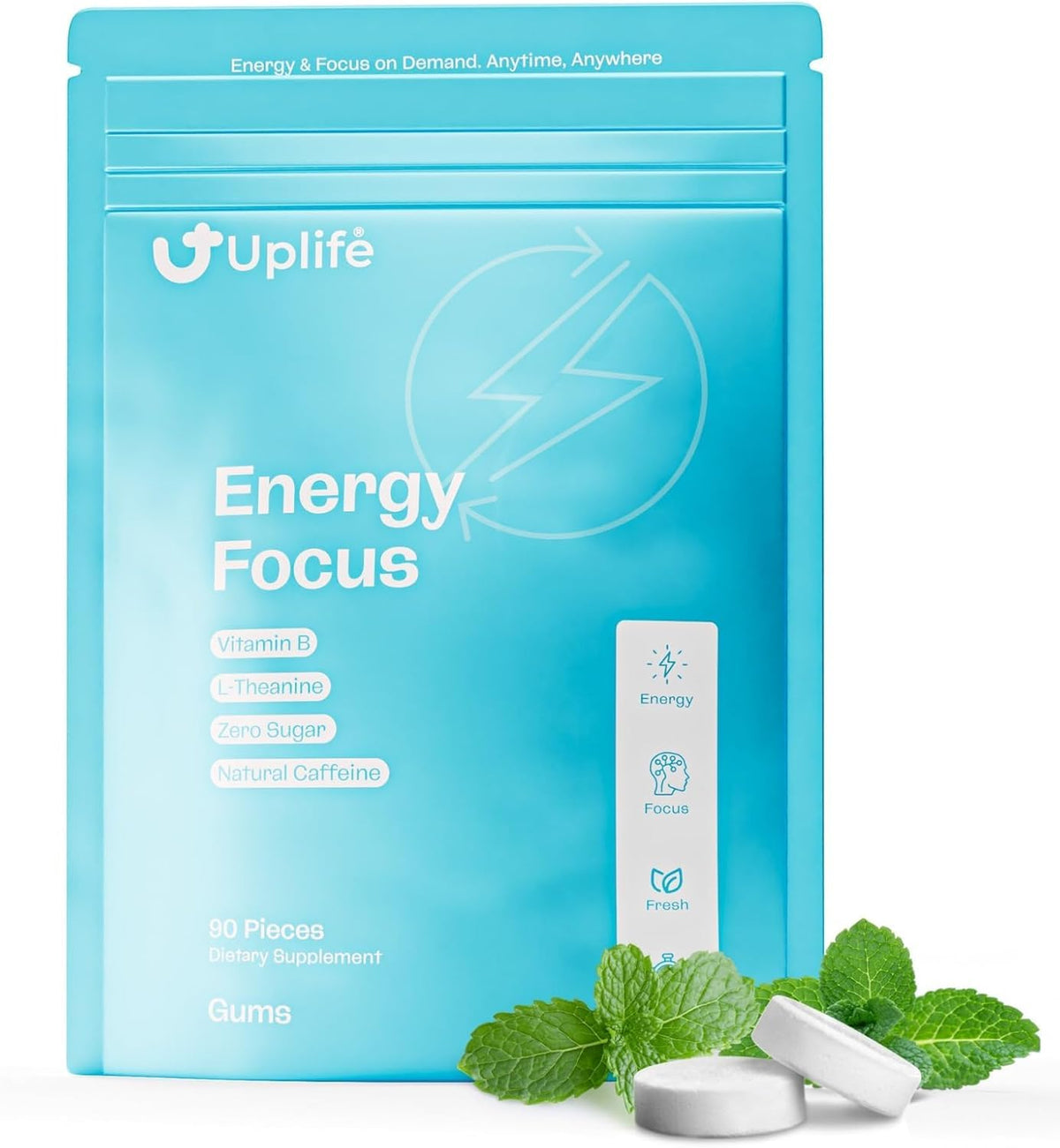 UPLIFE Energy Gum packshot highlighting peppermint flavor for sugar-free energy
