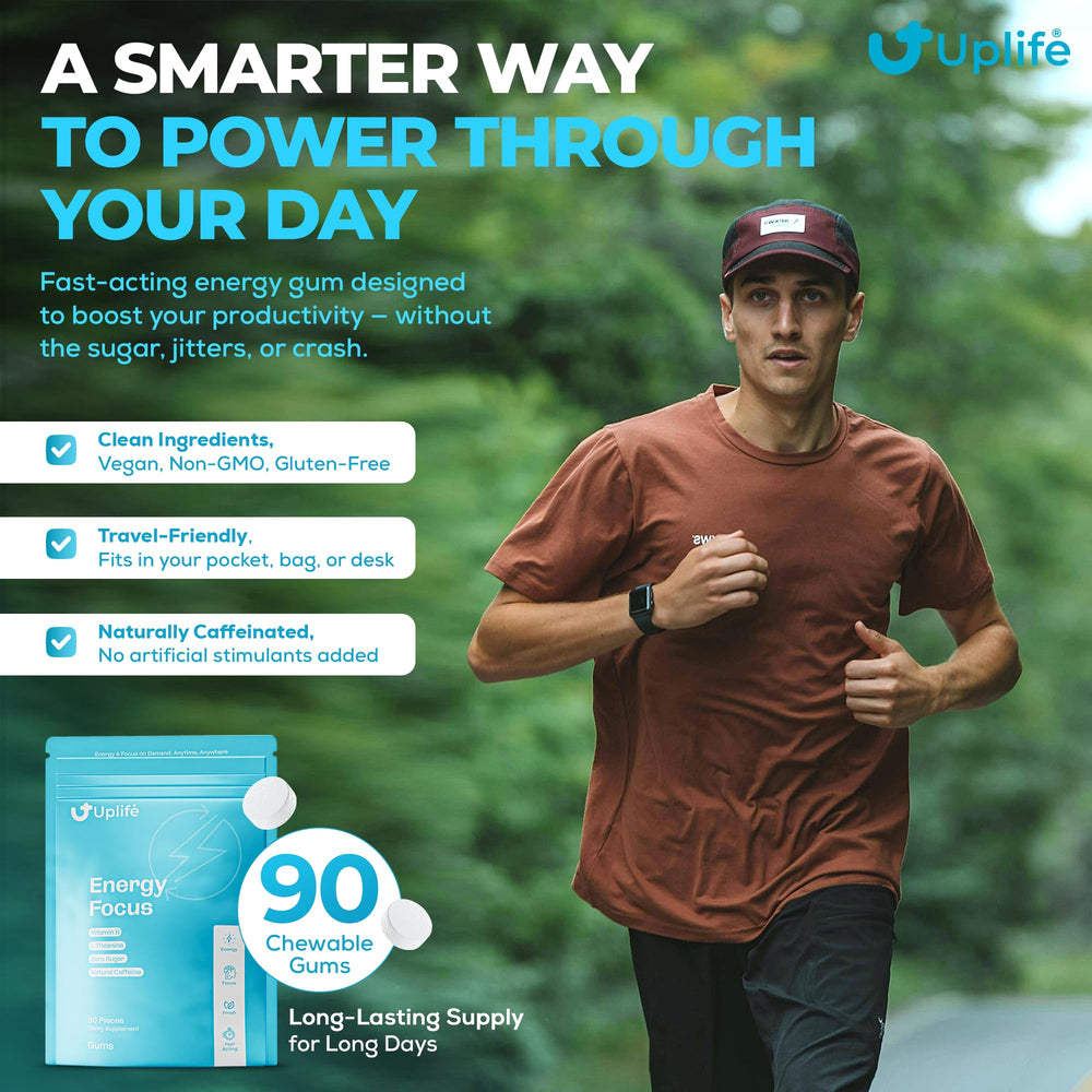 UPLIFE Energy Gum piece closeup showing caffeine and L-Theanine benefits