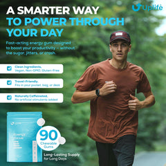 UPLIFE Energy Gum piece closeup showing caffeine and L-Theanine benefits