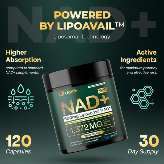 UPLIFE NAD+ bottle back label detailing ingredients and usage