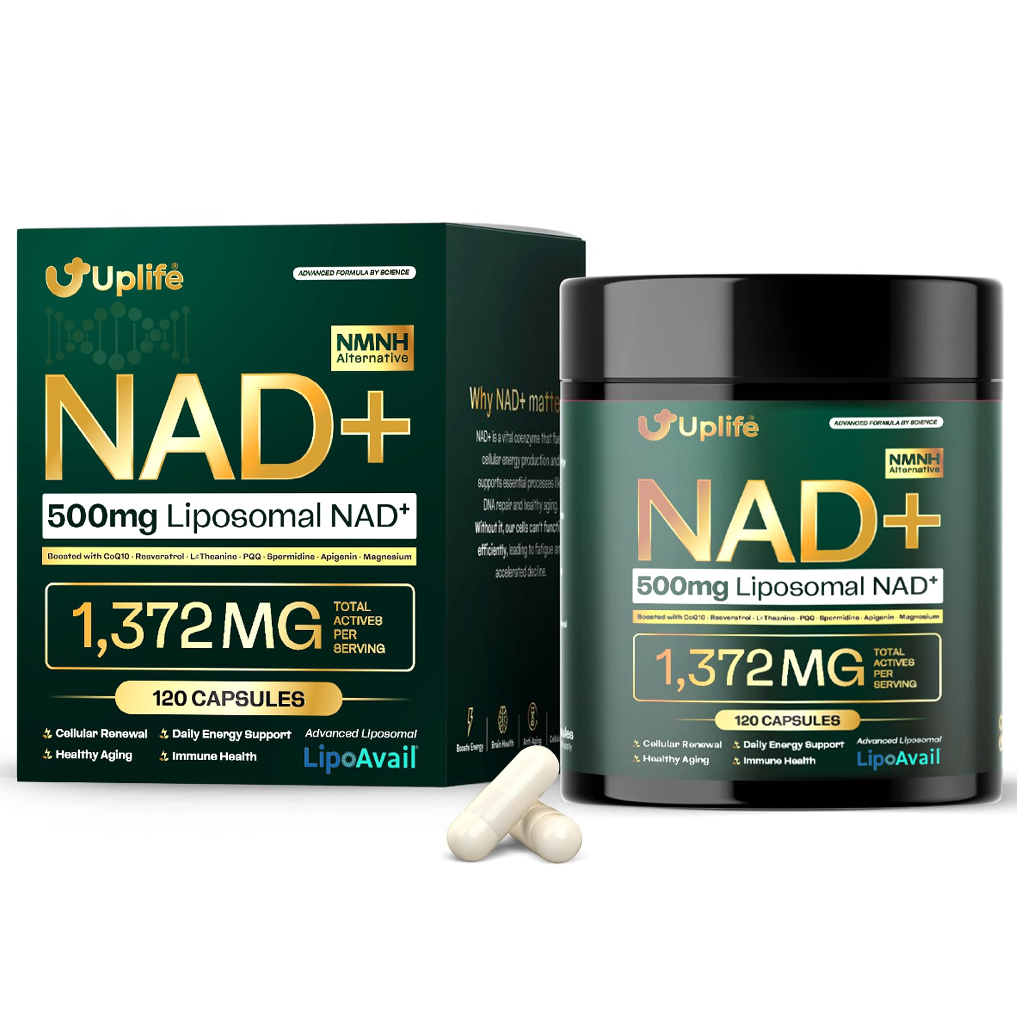 UPLIFE NAD+ bottle front showing high-strength liposomal formula for energy support
