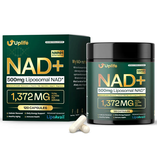 UPLIFE NAD+ bottle front showing high-strength liposomal formula for energy support