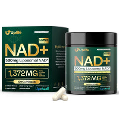 UPLIFE NAD+ bottle front showing high-strength liposomal formula for energy support