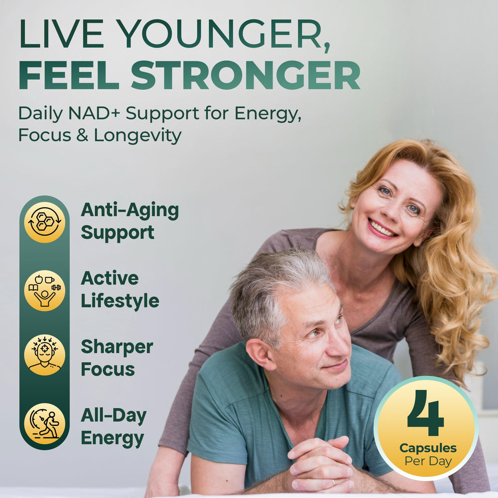 Panel on UPLIFE NAD+ packaging listing CoQ10, Resveratrol, Spermidine and more