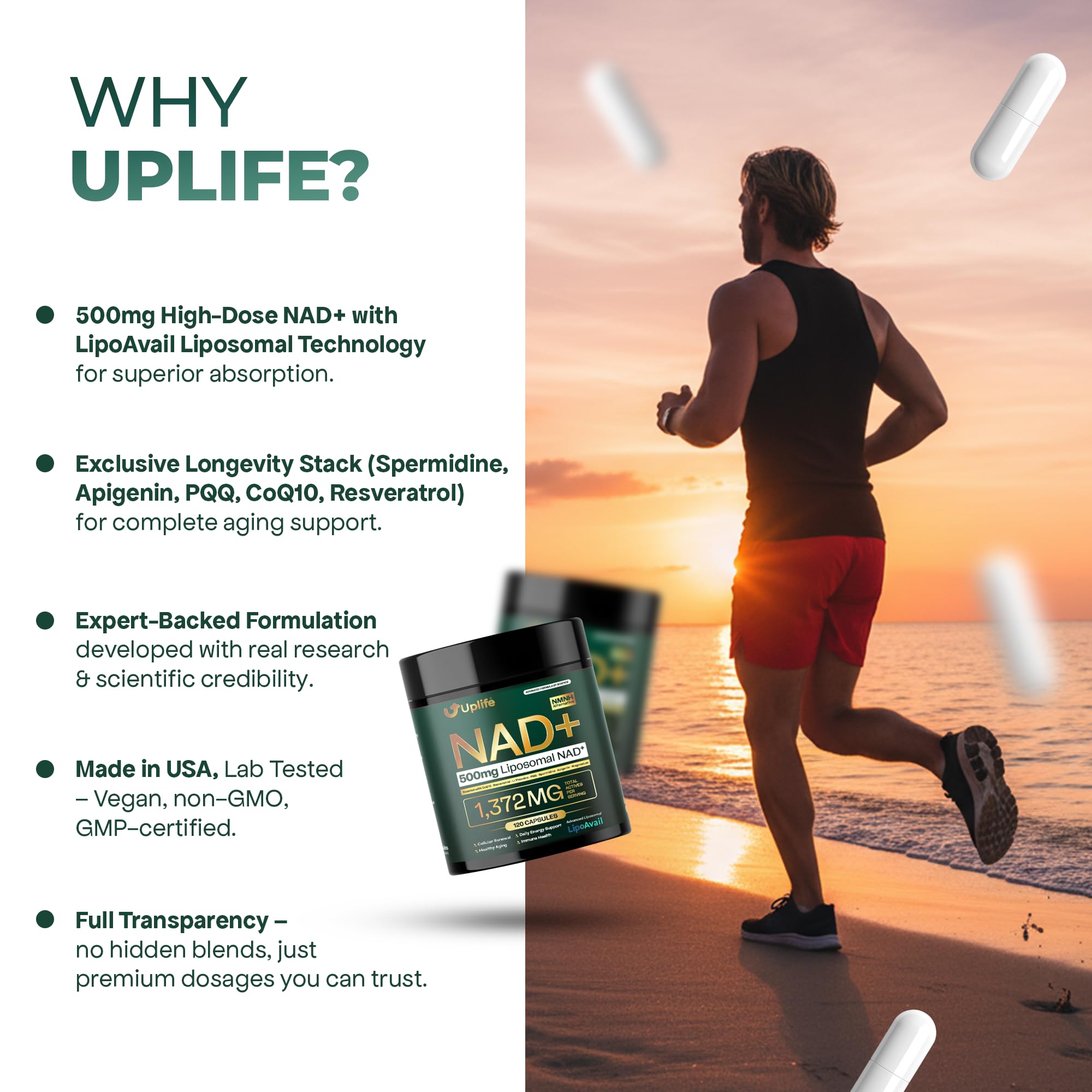 Packaging display of UPLIFE NAD+ on a shelf emphasizing vegan and Non-GMO quality