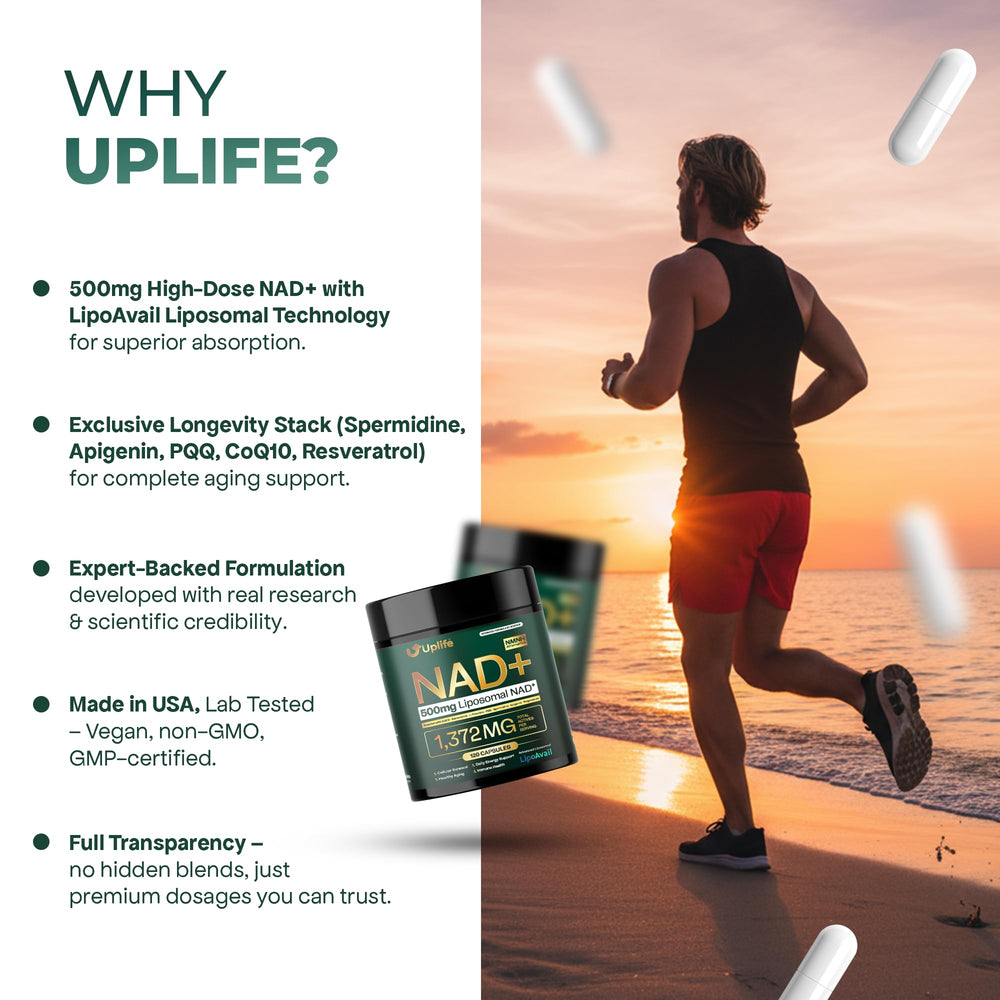 Packaging display of UPLIFE NAD+ on a shelf emphasizing vegan and Non-GMO quality