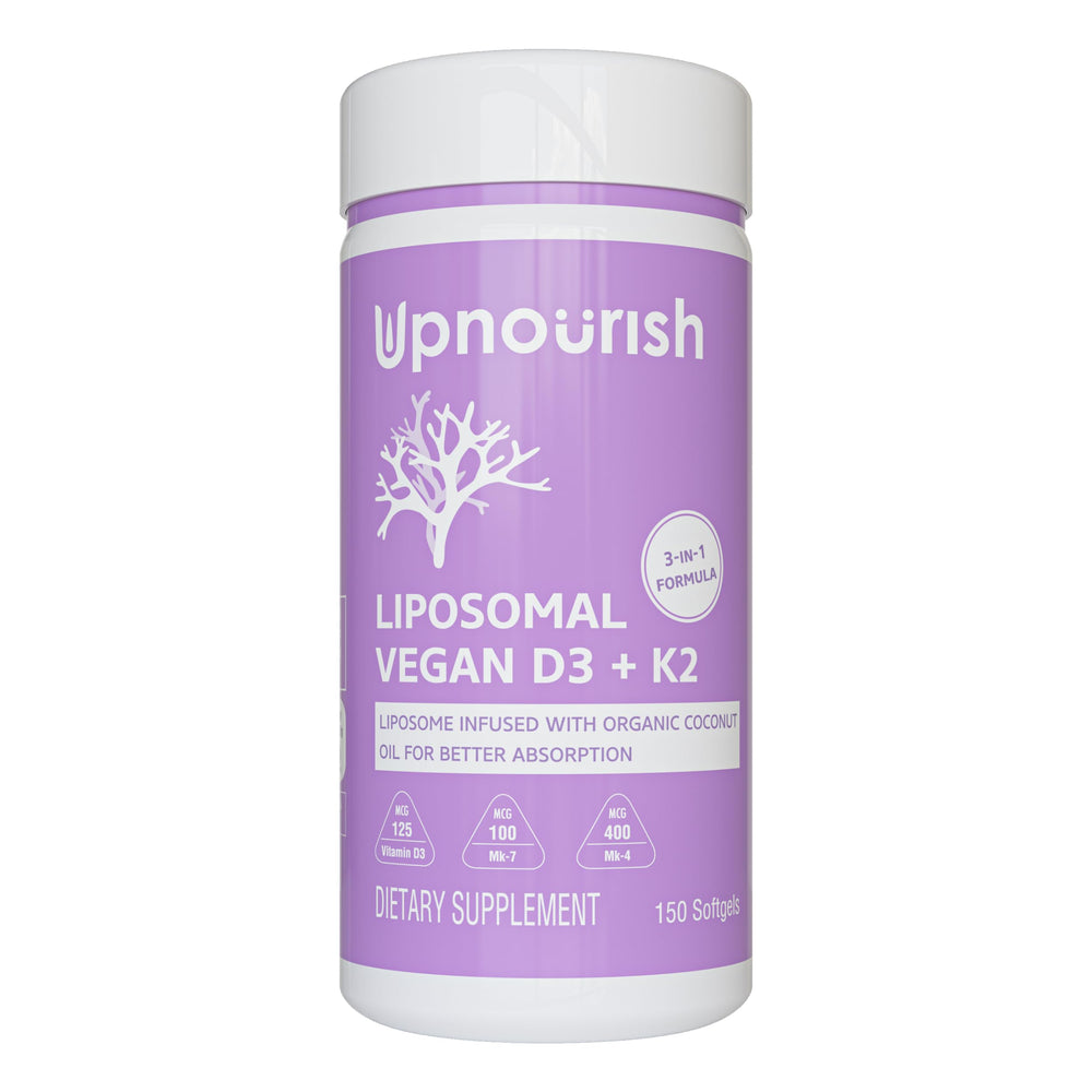 UpNourish bottle with softgels showing vegan vitamin D3 and K2 for daily wellness.