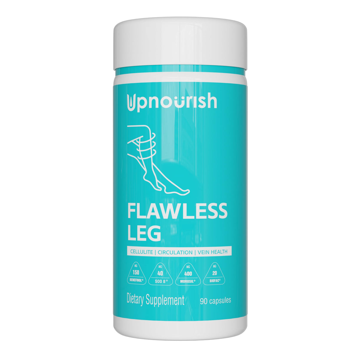 UpNourish cellulite bottle closeup showing leg and vein support