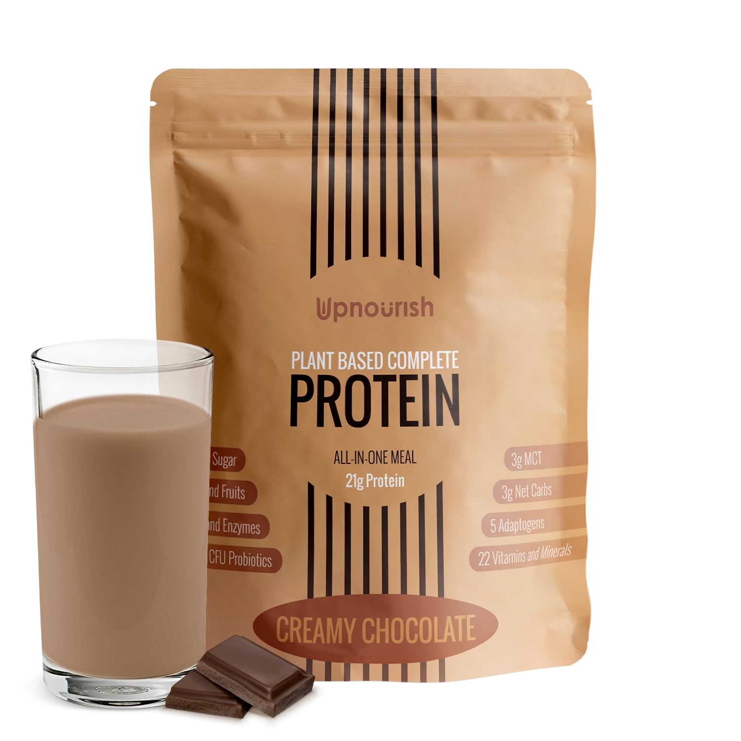 UpNourish chocolate vegan protein powder in a jar with a creamy, smoothie-like texture.