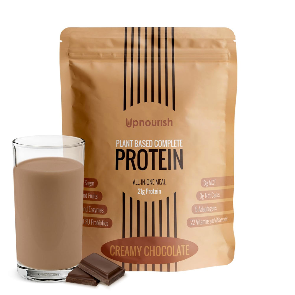 UpNourish chocolate vegan protein powder in a jar with a creamy, smoothie-like texture.