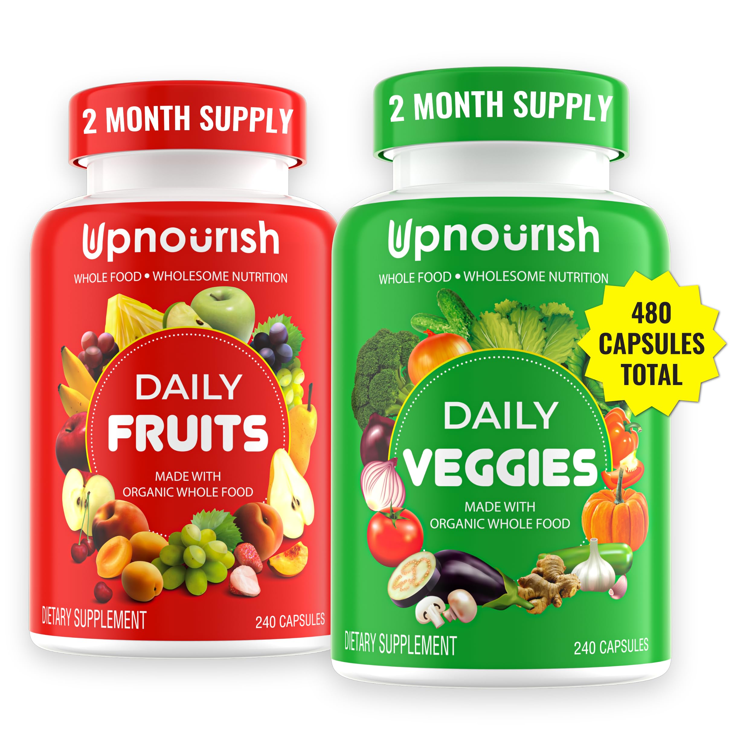 UpNourish bottle with 480 capsules offers convenient daily fruit and veggie nutrition.
