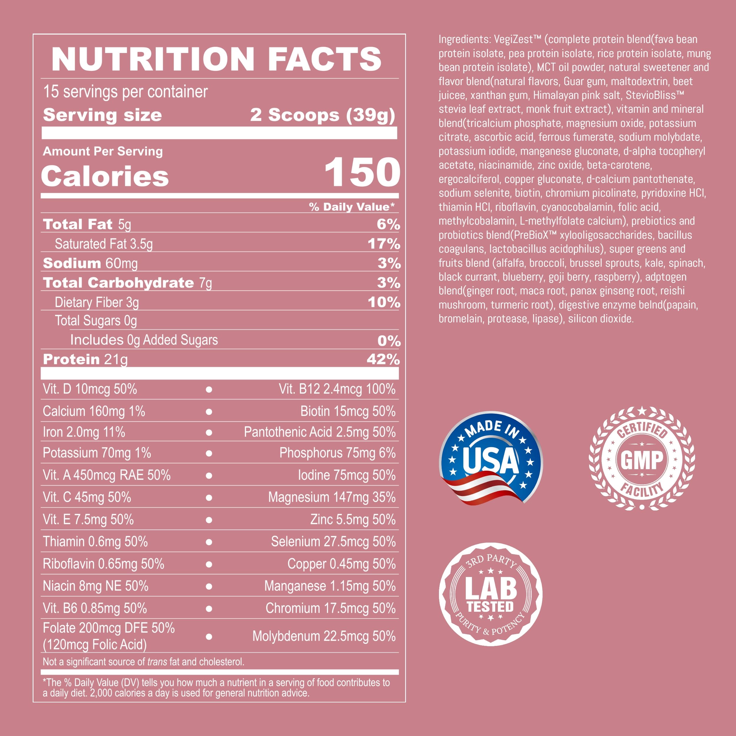 UpNourish nutrition facts label closeup, showing 21g protein per serving.