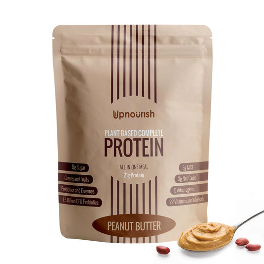 UpNourish Peanut Butter Vegan Protein Powder bottle with 54 superfoods for daily nourishment