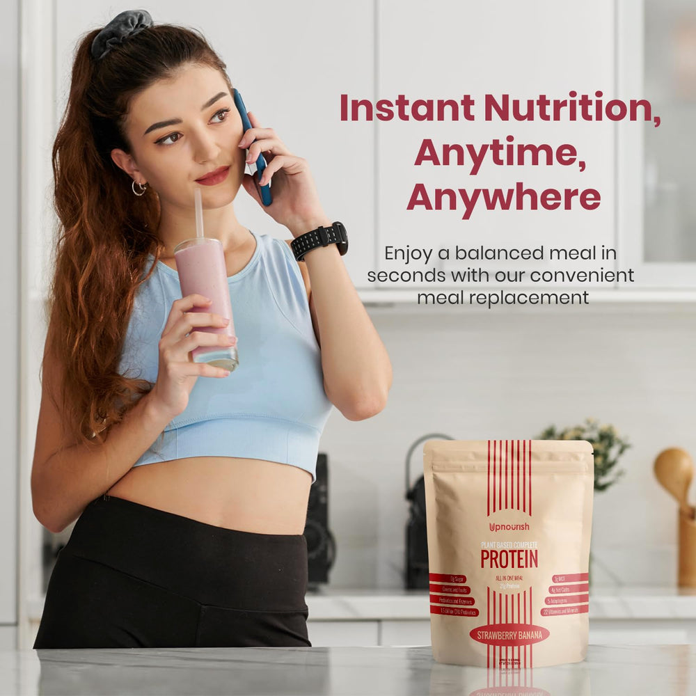 UpNourish prepared smoothie with strawberry-banana blend invites quick breakfast.