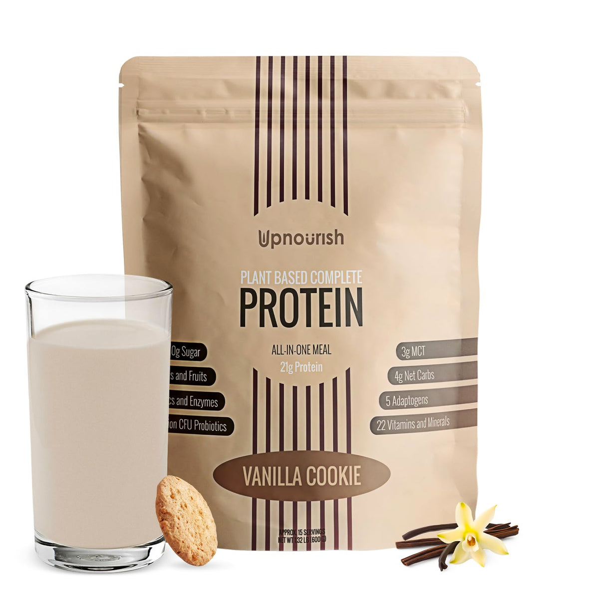 UpNourish proteína vegana vainilla galleta en lata, desayuno energético.