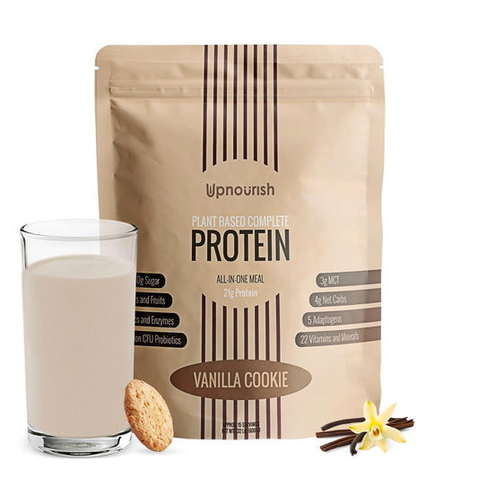 UpNourish proteína vegana vainilla galleta en lata, desayuno energético.