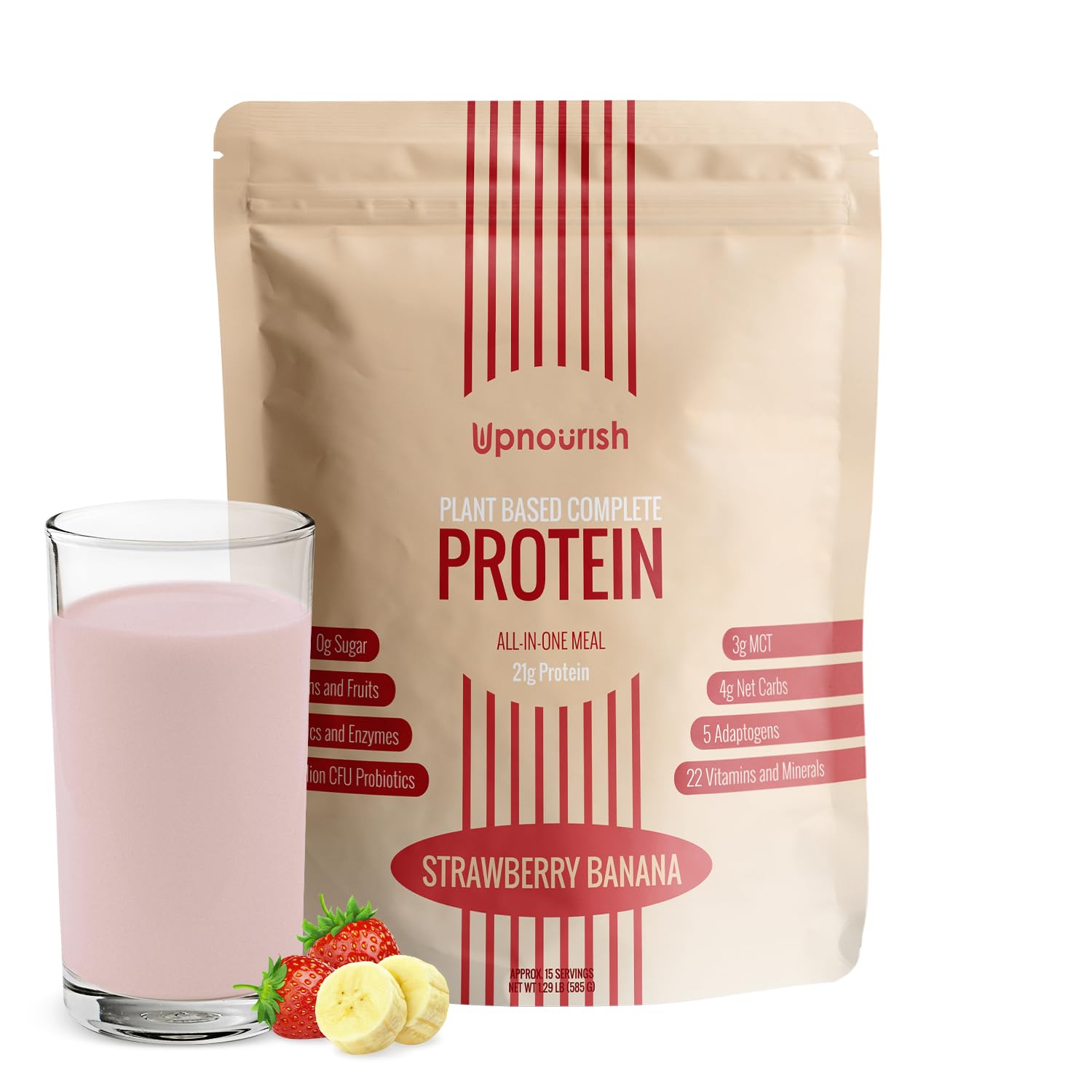 UpNourish strawberry banana vegan protein powder bottle, ideal for quick plant-based protein boosts.