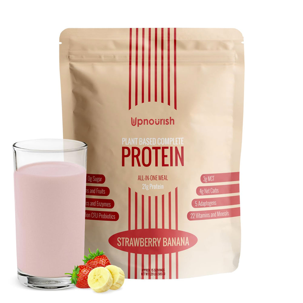 UpNourish strawberry banana vegan protein powder bottle, ideal for quick plant-based protein boosts.