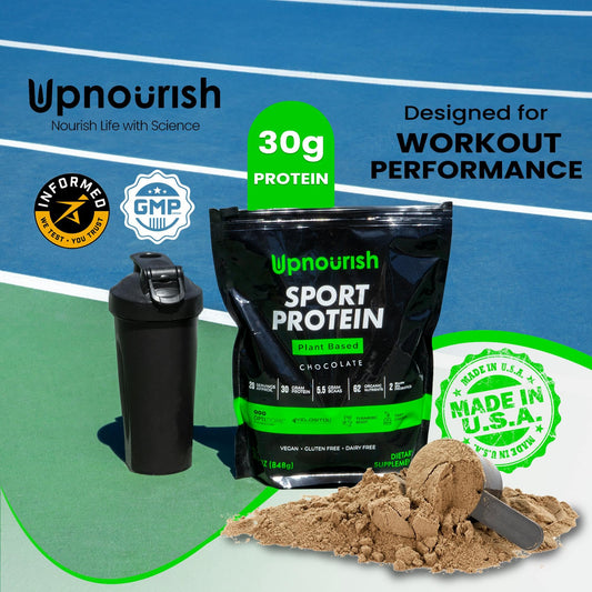 UpNourish vegan sport protein powder chocolate label close-up highlights VELOSITOL and BCAAs.