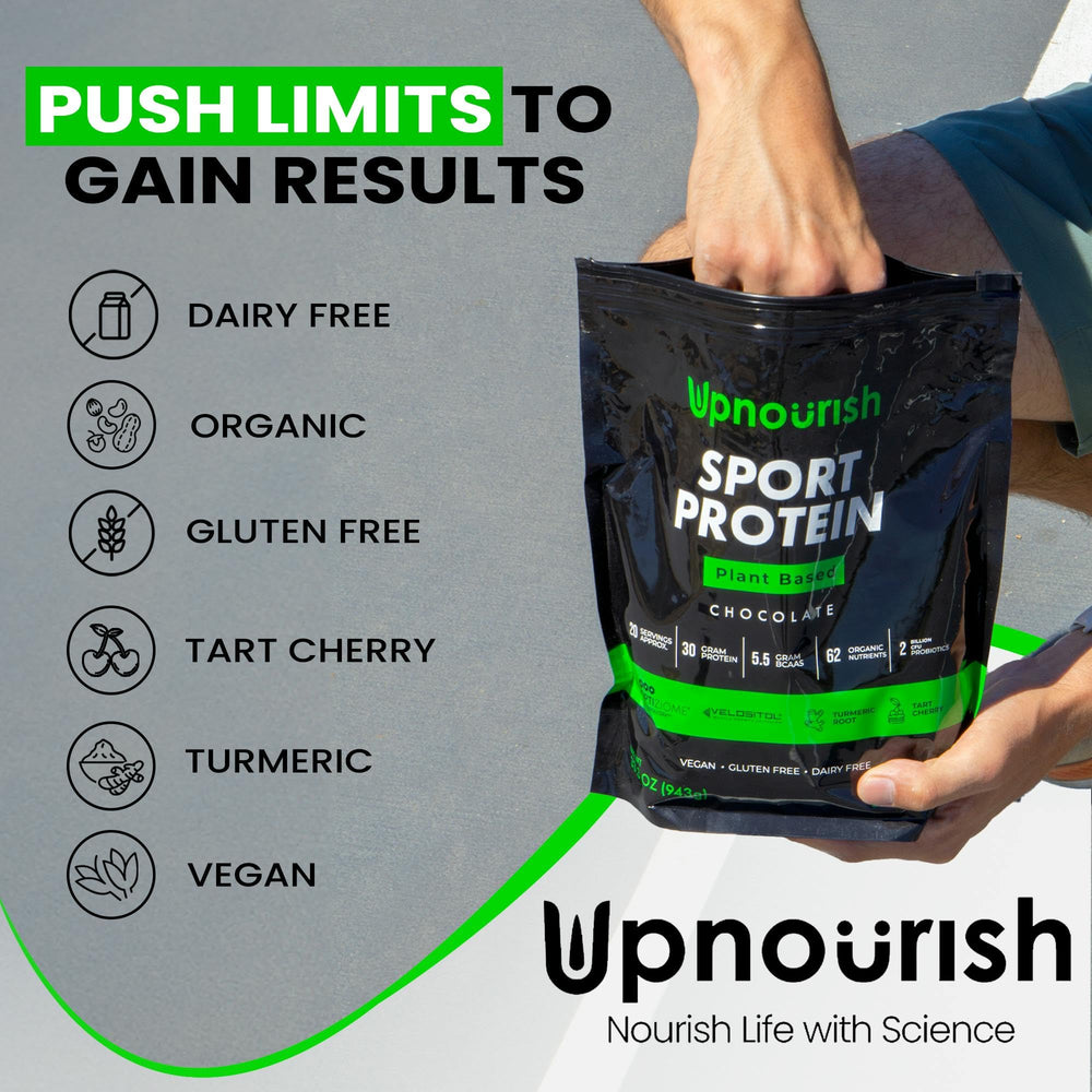 UpNourish ingredients list with greens and fruits signals nutrient-rich mix.