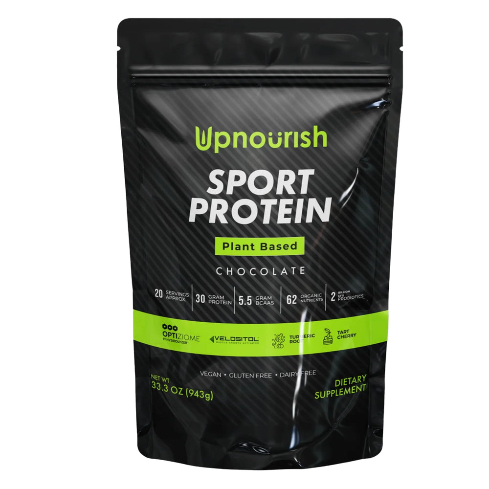 UpNourish vegan sport protein powder chocolate tub supports post-workout recovery with 30g protein.