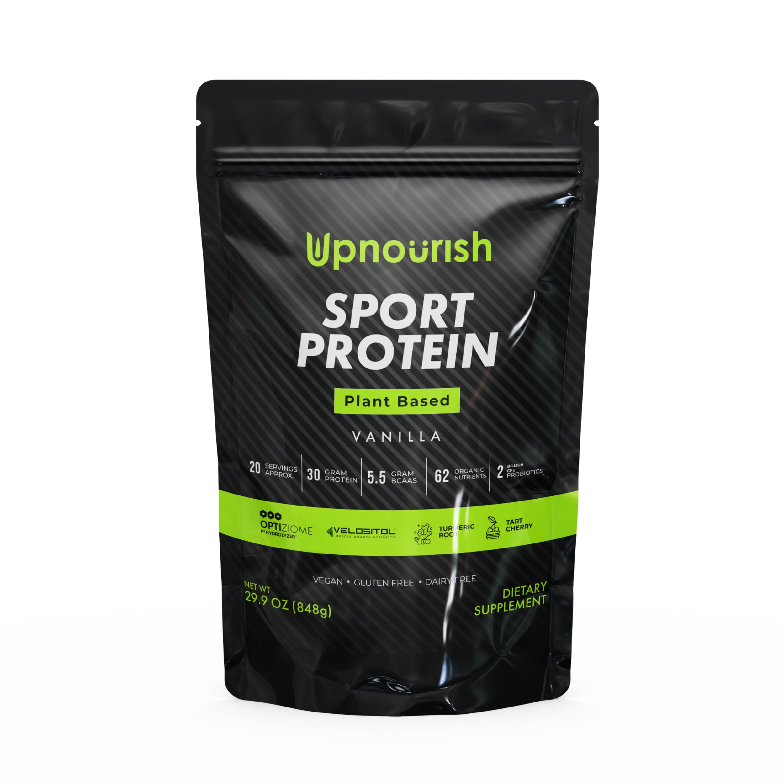 UpNourish Vegan Sport Protein Vanilla bottle pouring for quick post-workout fueling.