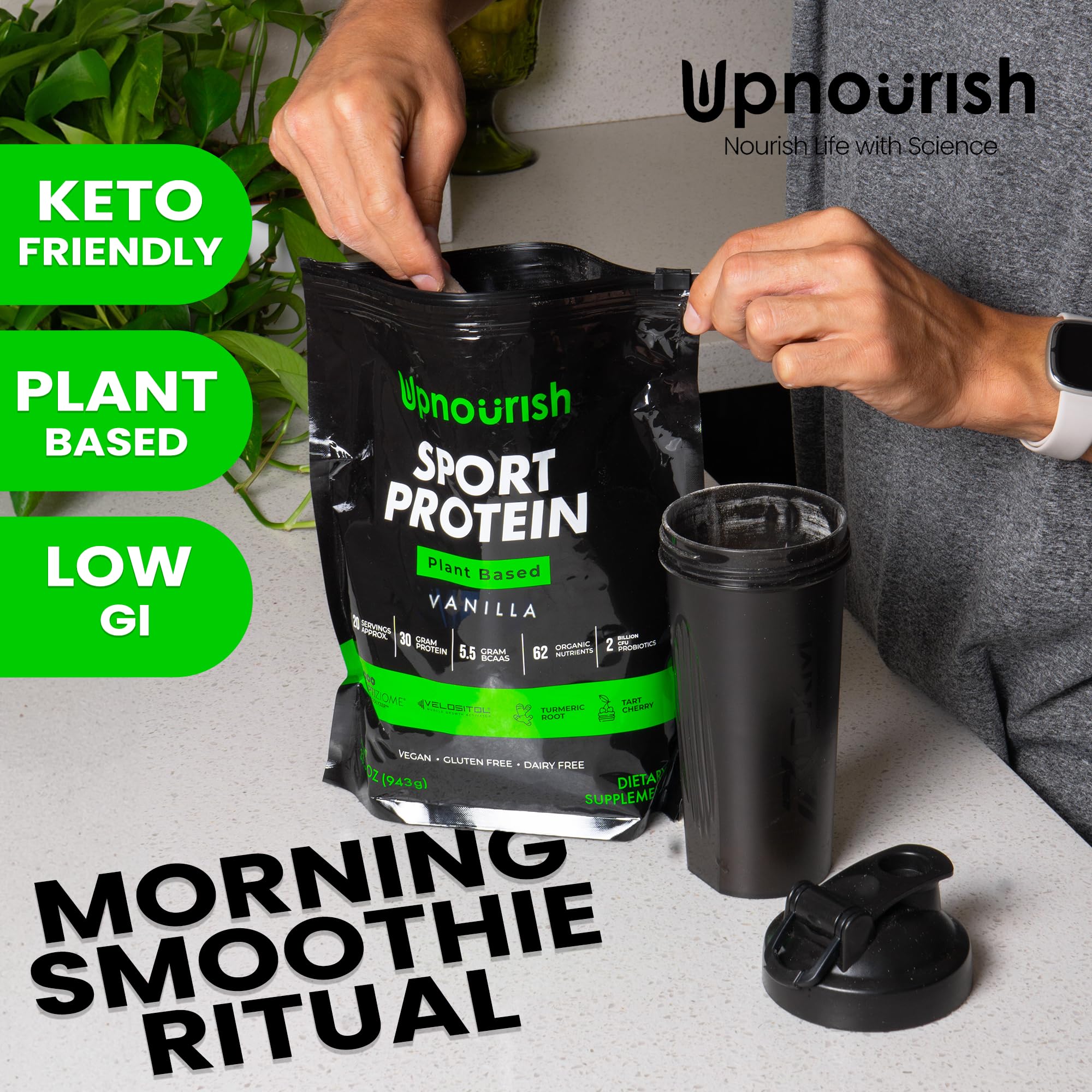 UpNourish 62-organic-ingredients label close-up communicates natural nutrition options.