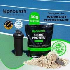 UpNourish Vegan Protein Vanilla scoop shown for easy, tasty recovery shakes.