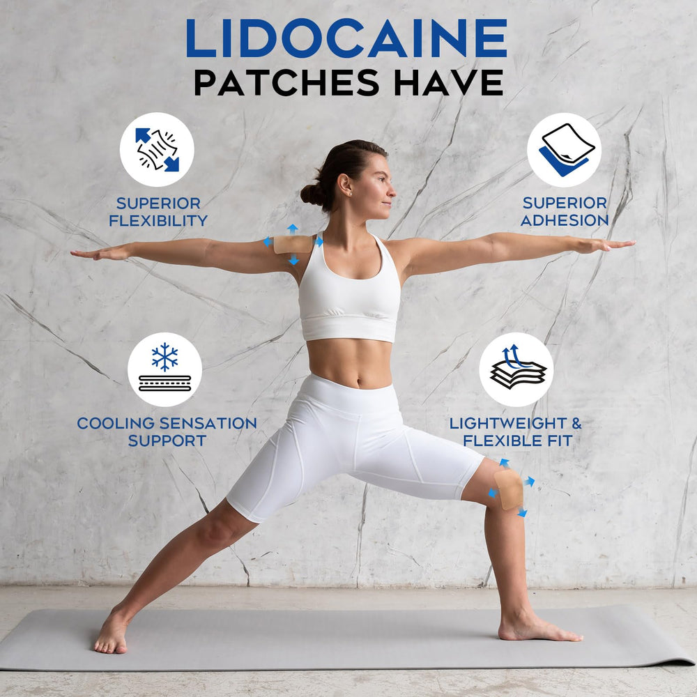 Uposiut Lidocaine 4% patches on knee target soreness for improved mobility.