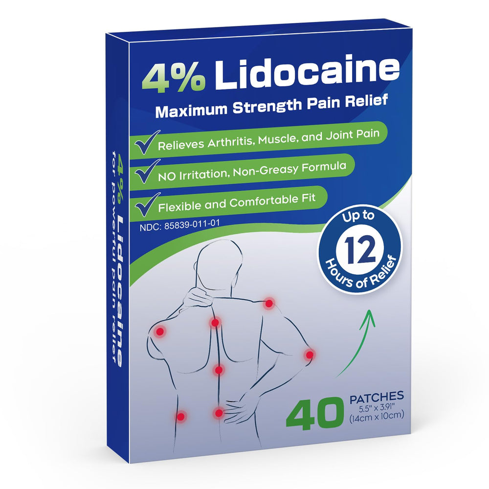 Uposiut Lidocaine 4% patches packaging showing long-lasting, targeted relief option.