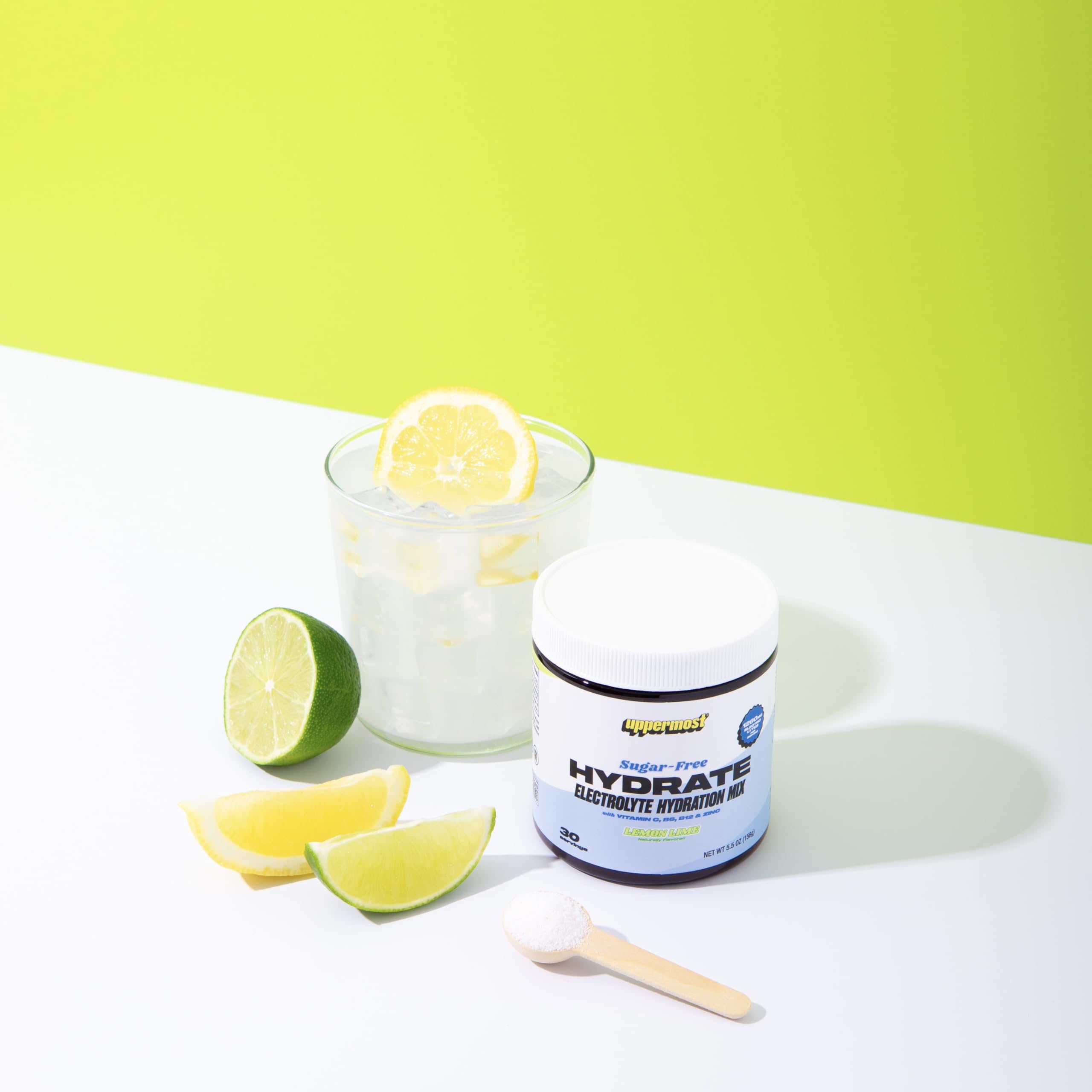Uppermost Hydrate glass with mixed drink illustrates crisp lemon-lime flavor.
