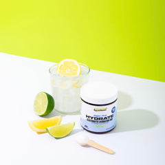 Uppermost Hydrate glass with mixed drink illustrates crisp lemon-lime flavor.