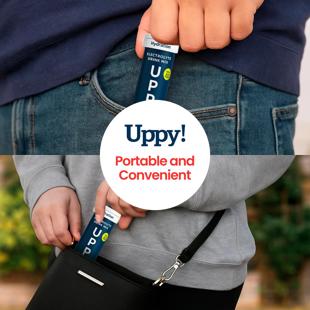 Festival-ready kit including Uppy! electrolyte tablets for quick hydration