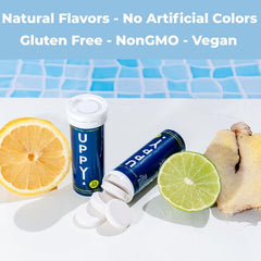 Ginger-kick flavor hint of Uppy! lemon-lime tablets for easy drinkability